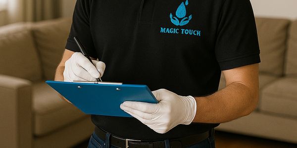 Man in gloves writing on clipboard, wearing a Magic Touch shirt.