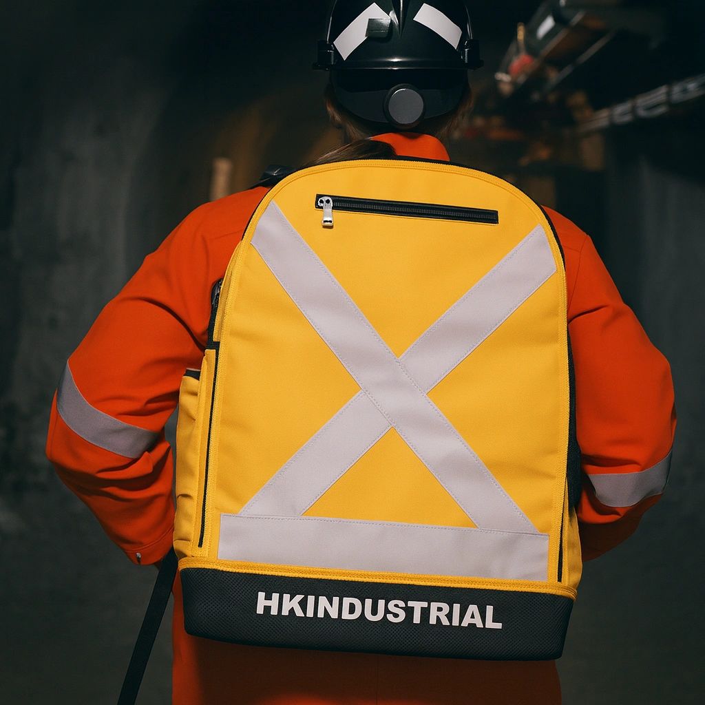 Worker wearing HK Industrial Big Yella™ backpack with reflective X for mining and industrial sites.