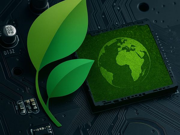 Green leaves and a digital chip with Earth symbol on a circuit board.