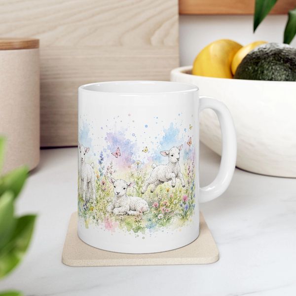 White mug with cute lamb and flower design.