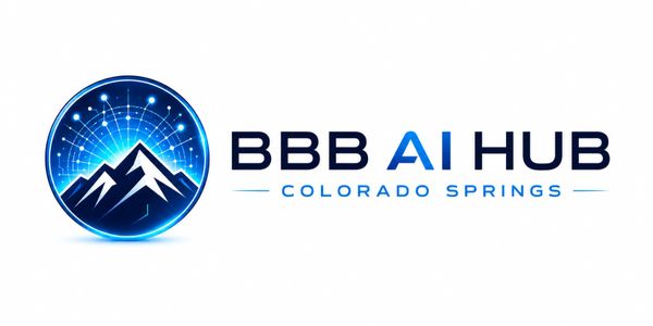 Logo of BBB AI Hub Colorado Springs with mountain and network design.