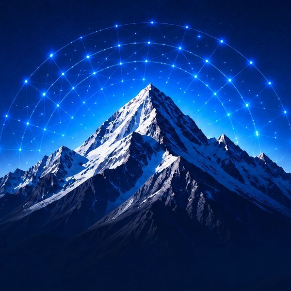 Snow-capped mountain peak under a starry sky with glowing geometric patterns.