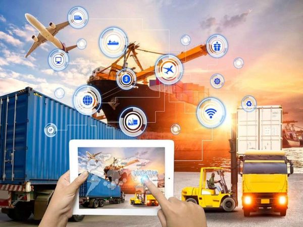 Digital logistics management with shipping, trucking, and air transport icons.