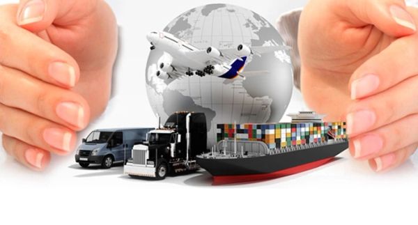 Hands protect various transportation modes including truck, van, ship, and airplane with a globe backdrop.