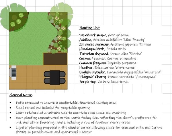 Family-friendly garden design with patio extension, raised veg bed, vibrant flowerbed planting plan.