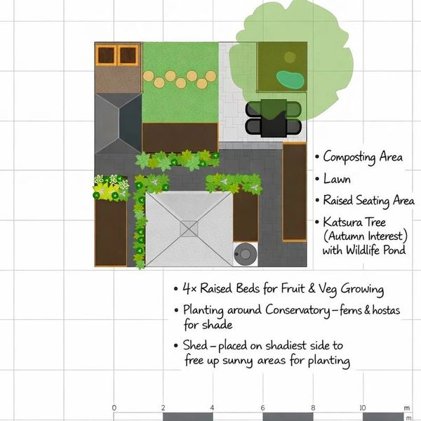Vegetable garden layout on sloped terrain with raised beds and efficient growing space design.