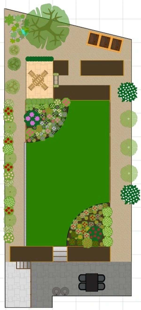 Comprehensive garden layout, mixed ornamental flowerbeds, vegetable growing areas, composting space.