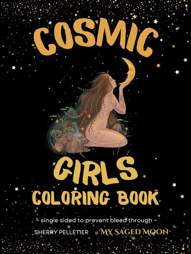 cosmic girls adult coloring book. woman with long hair kissing the moon