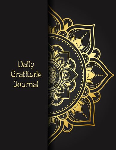 Daily Gratitude journal cover with gold mandala black background