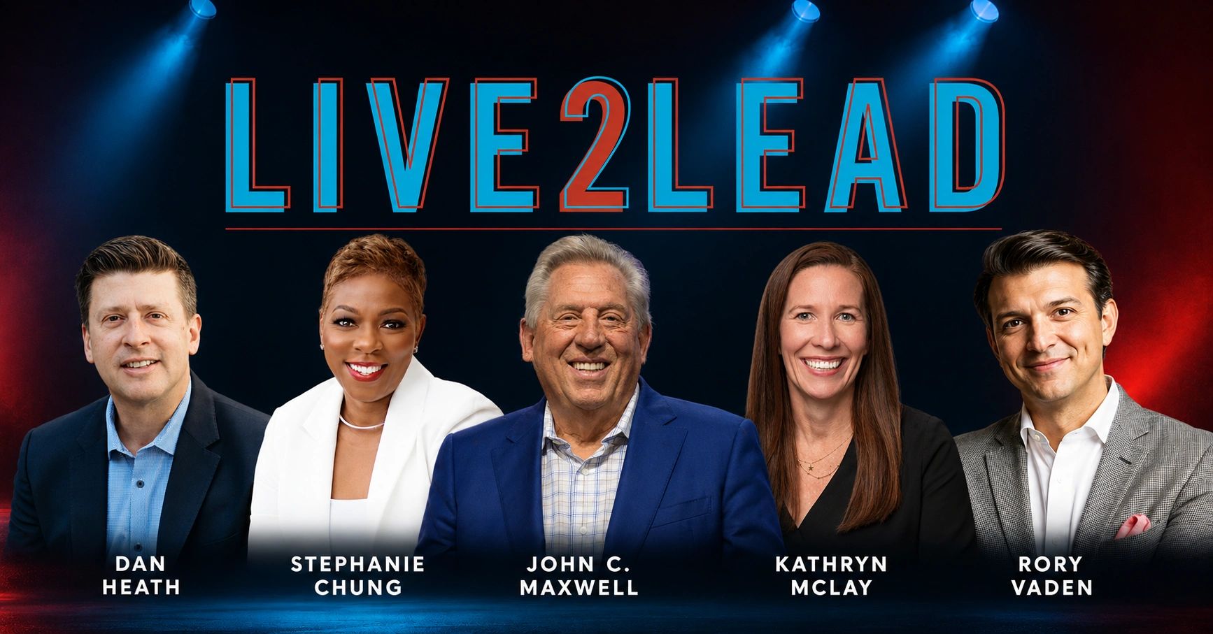 Group portrait of five professionals under LIVE2LEAD sign.