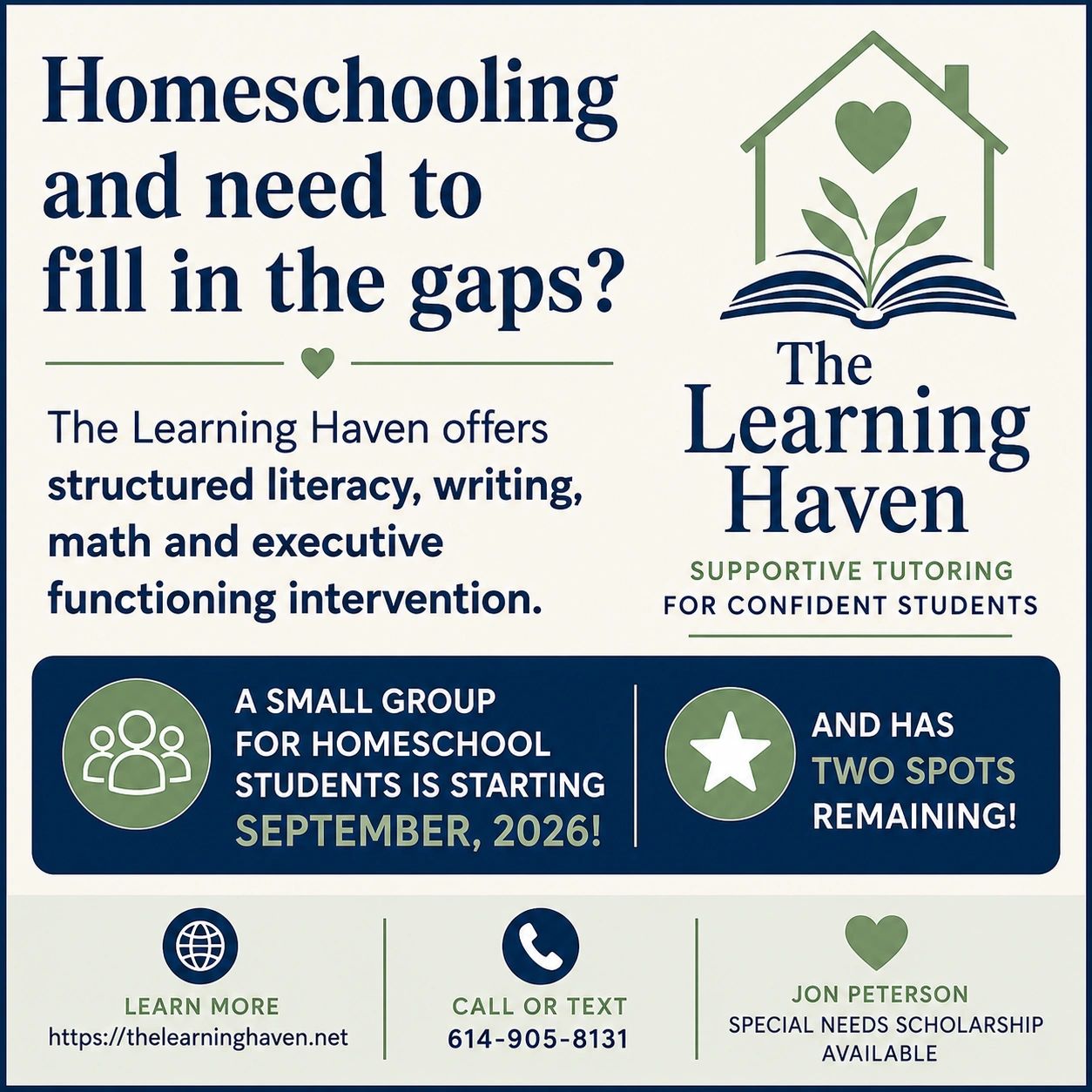 Advertisement for The Learning Haven homeschool tutoring group starting September 2026.
