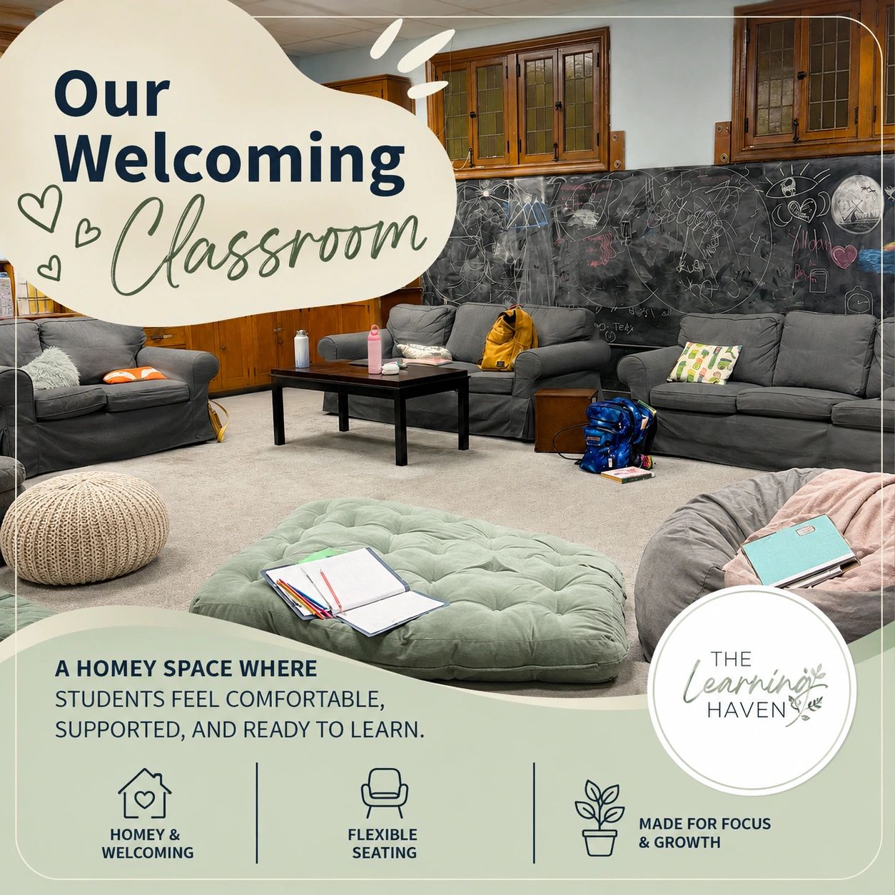 Cozy classroom with couches and flexible seating.