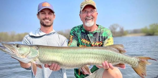 Don and Austin holding a Fox Chain musky from a guide trip in May.