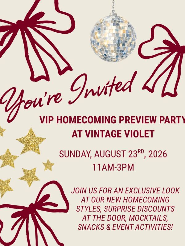 Invitation to VIP Homecoming Preview Party at Vintage Violet.