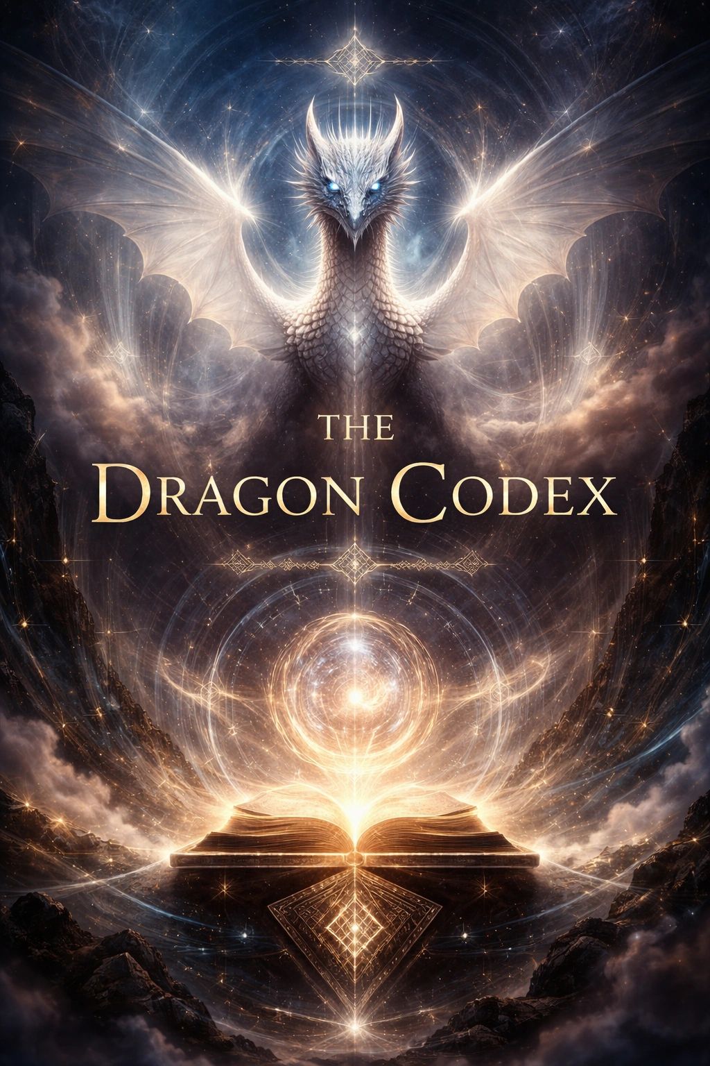A mystical dragon emerges above a glowing ancient book titled 'The Dragon Codex.'