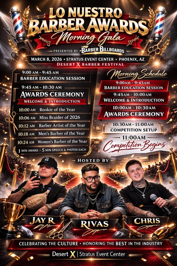Barber awards event poster for March 8, 2026, in Phoenix, AZ.