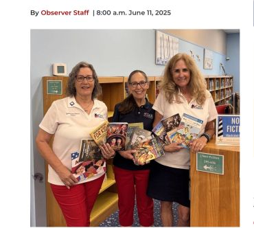 Three women holding books in a library section labeled 'No Fiction.'