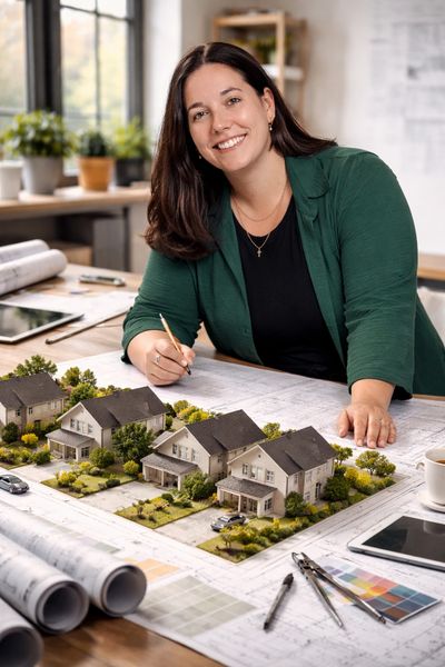A smiling architect working on a residential housing model with blueprints.