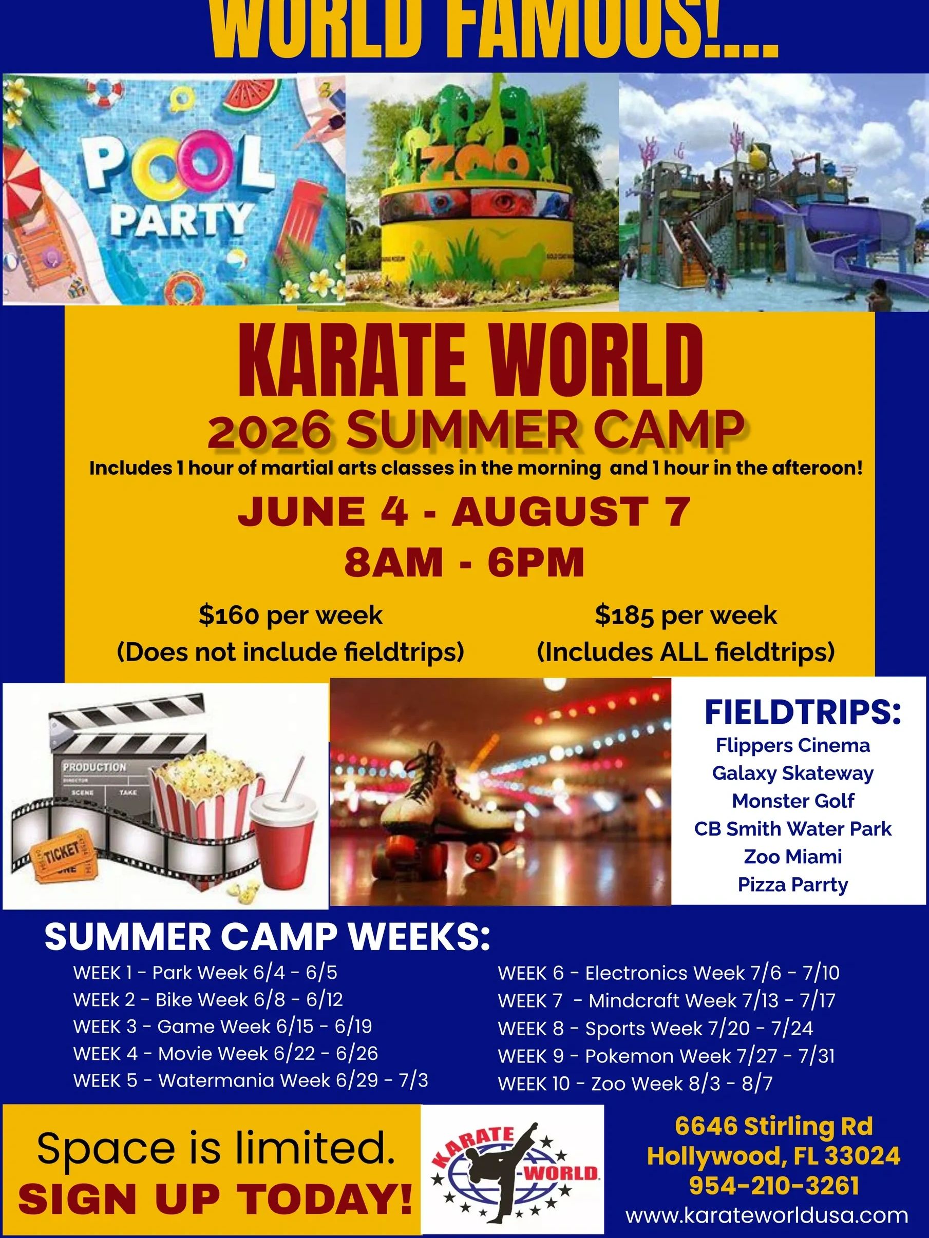 Karate World 2026 Summer Camp with martial arts and exciting field trips from June 4 to August 7.