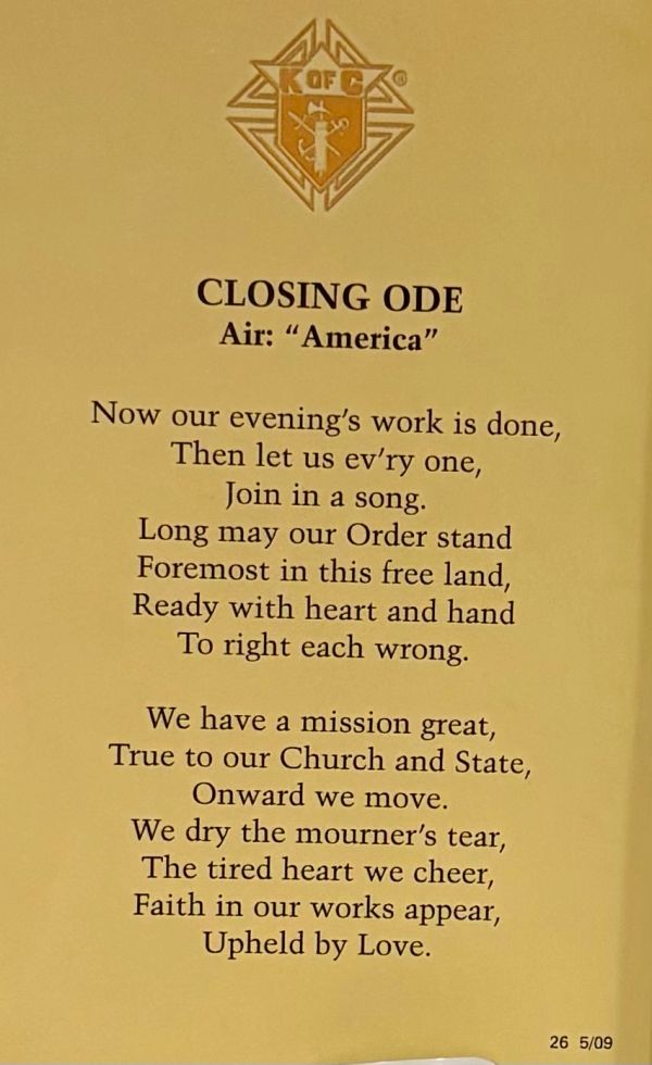 Closing Ode lyrics with a Knights of Columbus emblem.