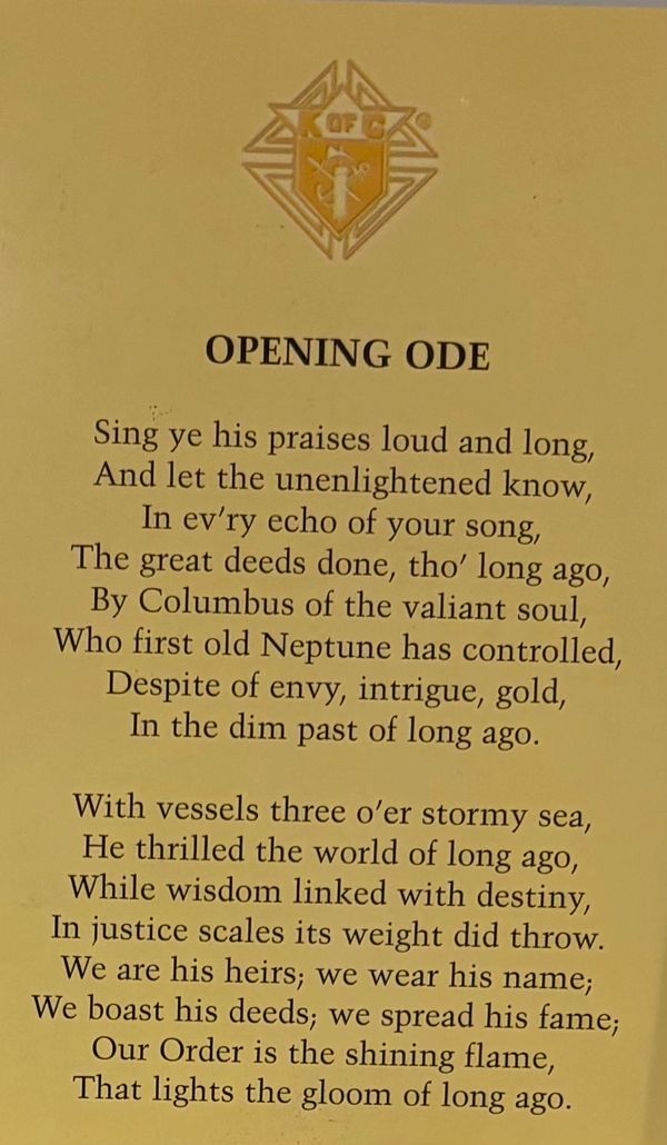 A poem titled 'Opening Ode' praising Columbus and the Order's legacy.
