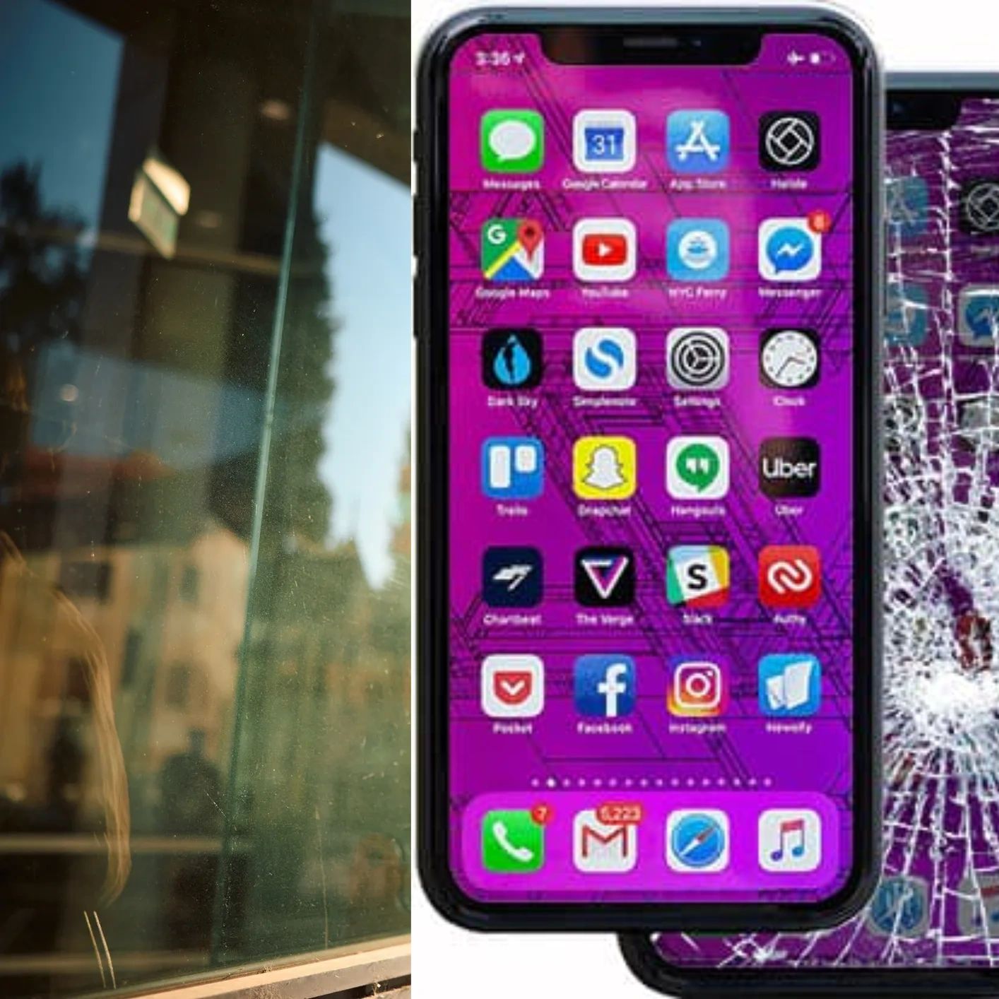 iPhone with cracked screen and app icons visible on a purple background.
