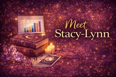 Mystical scene introducing Stacy-Lynn with candles, books, and tarot cards.
