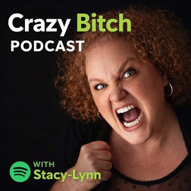 Podcast cover with an angry woman and bold text.