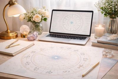 A workspace with astrology charts and a laptop.