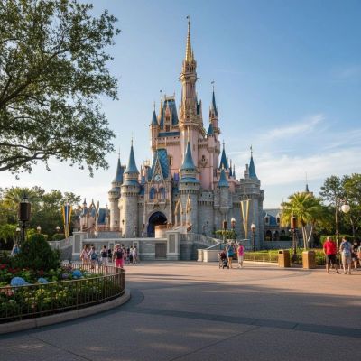 The iconic Disney castle under a clear blue sky with visitors around.