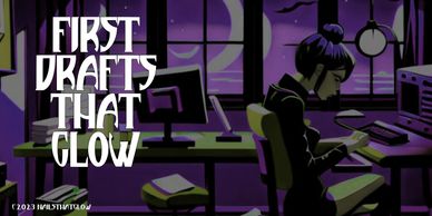 purple and green image of a gothy girl at a desk writing.