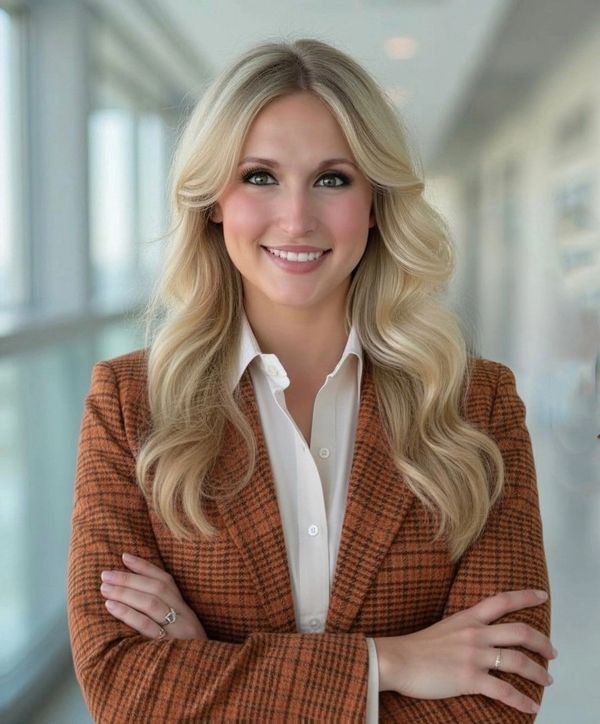 Confident woman in a brown plaid blazer smiling with arms crossed.
