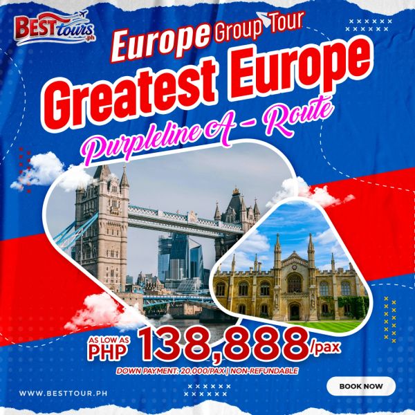 Best Tours offers a Europe Group Tour on Purpleline A route for PHP 138,888 per person.