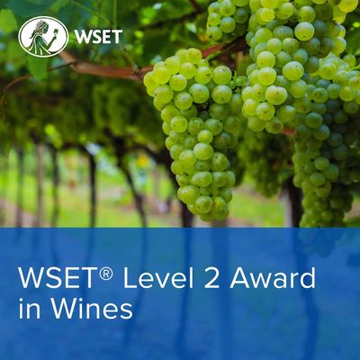 Close-up of green grapes with WSET Level 2 Award in Wines text.