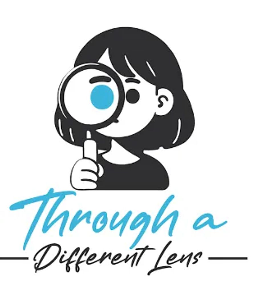 Illustration of a girl with a magnifying glass and text 'Through a Different Lens'.