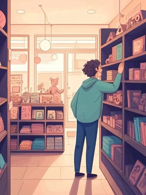 A person browsing shelves in a cozy, well-lit store filled with books and toys.