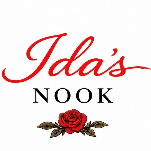 Logo for Ida's Nook with a red rose.