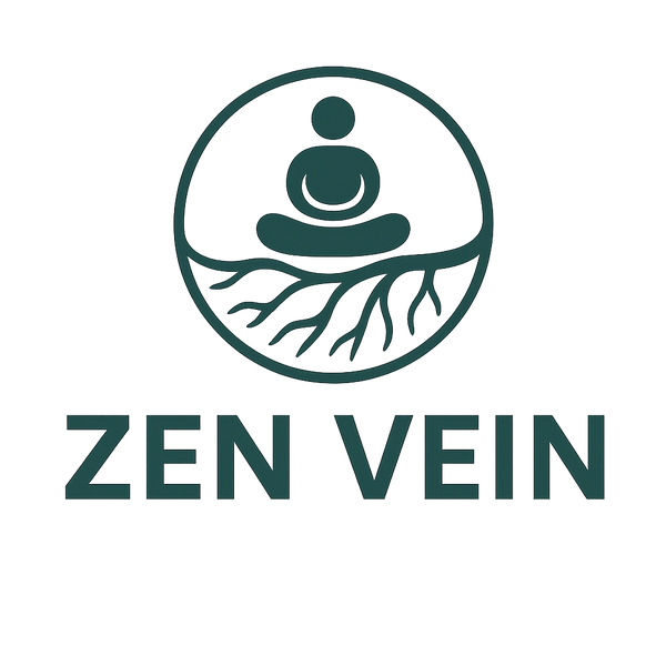 Minimalist logo with a meditating figure and roots, labeled 'ZEN VEIN'.