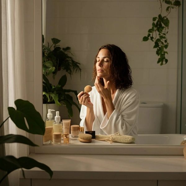 Woman in a bathrobe applying skincare in front of a bathroom mirror with plants around.