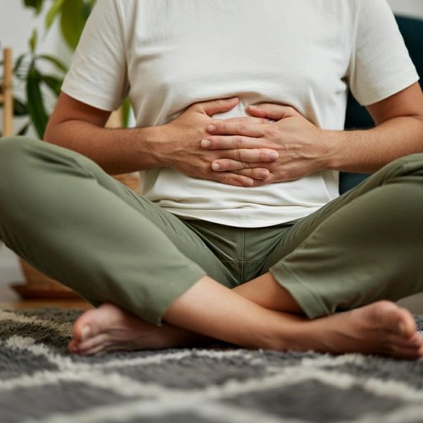 Person sitting cross-legged, holding stomach as if in discomfort.