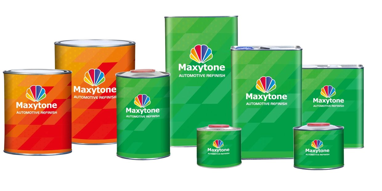 Various cans of Maxytone automotive refinish products in green and orange.