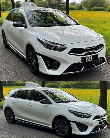 Two photos taken of the car next to a wild flower meadow