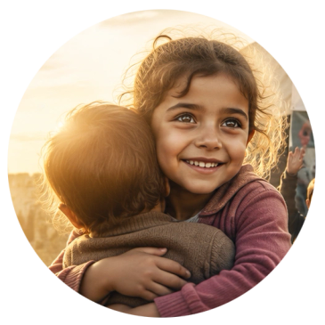 Young girl happily hugging a boy in warm sunlight.