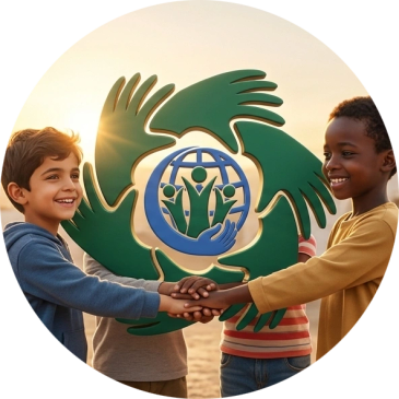 Children holding hands around a green symbol of unity and care.