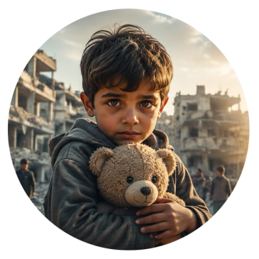 Child holding teddy bear in war-torn area.