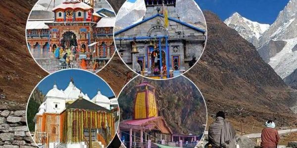 Montage of famous Hindu temples set in mountainous regions.
