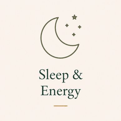 Minimalist crescent moon with stars and text 'Sleep &amp; Energy'.