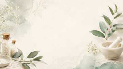 Natural spa elements with leaves, mortar, and jars on a soft watercolor background.
