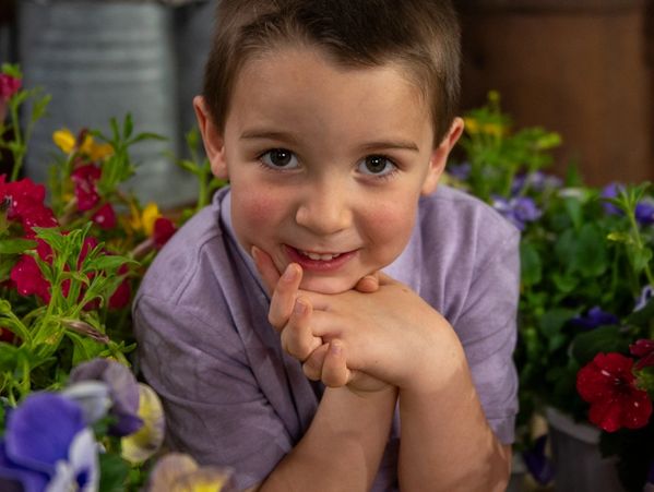 Young boy posed among flowers staring longingly into the camera.
