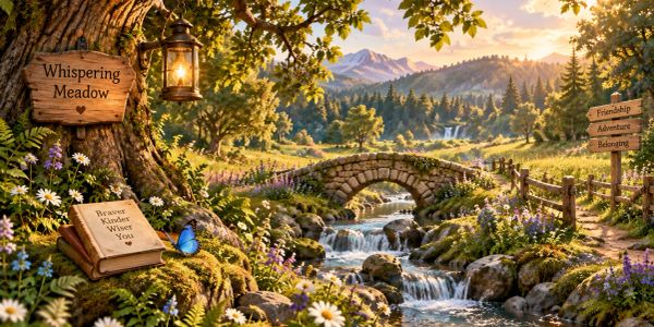 A serene meadow with a stone bridge and flowing stream at sunset.
